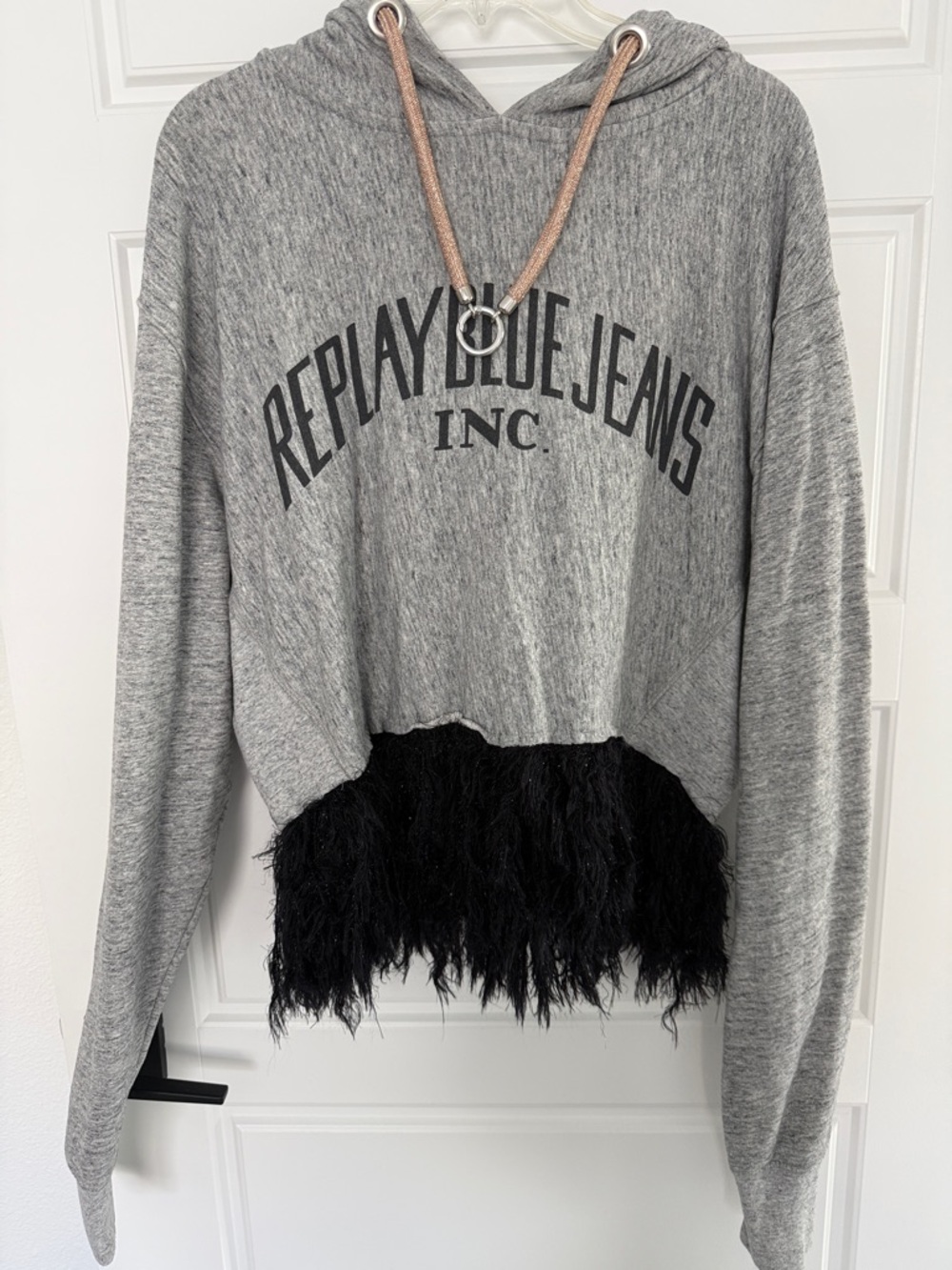 Replay Gray Logo Hoodie with Rose Gold Drawcord Accents